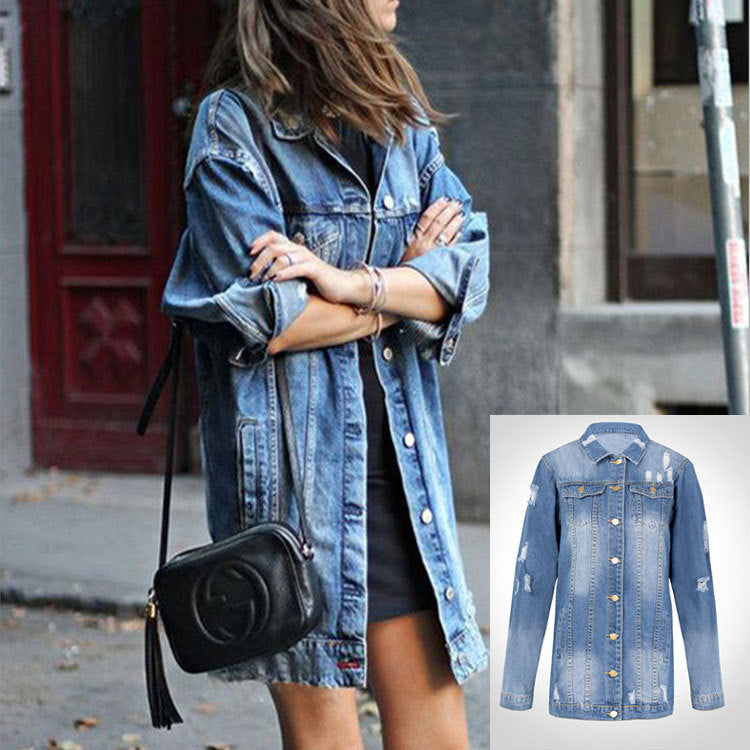 Mid-length Dark Ripped Denim Trench Coat