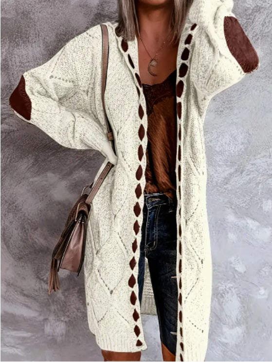 Women's Cozy Rhombus Lattice Cardigan - Long Sleeve Hooded Knit Sweater Coat With Soft Polyester