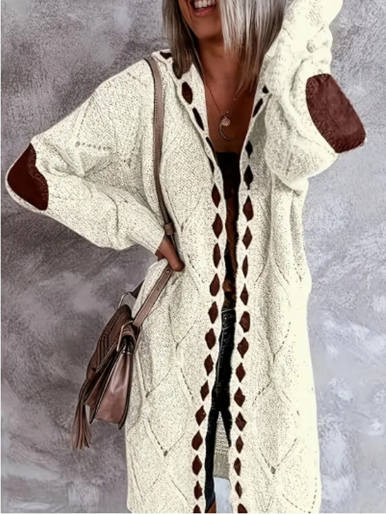 Women's Cozy Rhombus Lattice Cardigan - Long Sleeve Hooded Knit Sweater Coat With Soft Polyester