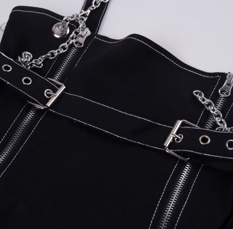 Dark girl wind zipper irregular denim skirt skirt