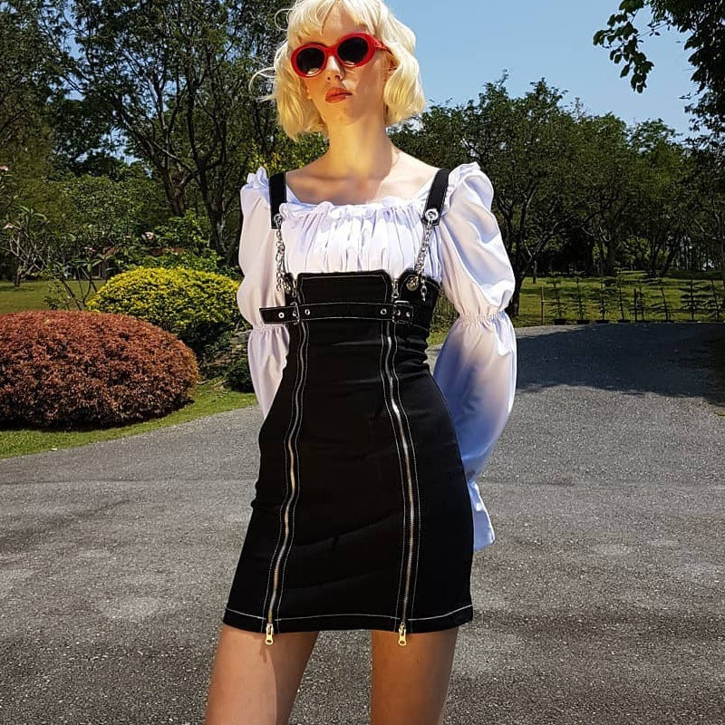 Dark girl wind zipper irregular denim skirt skirt