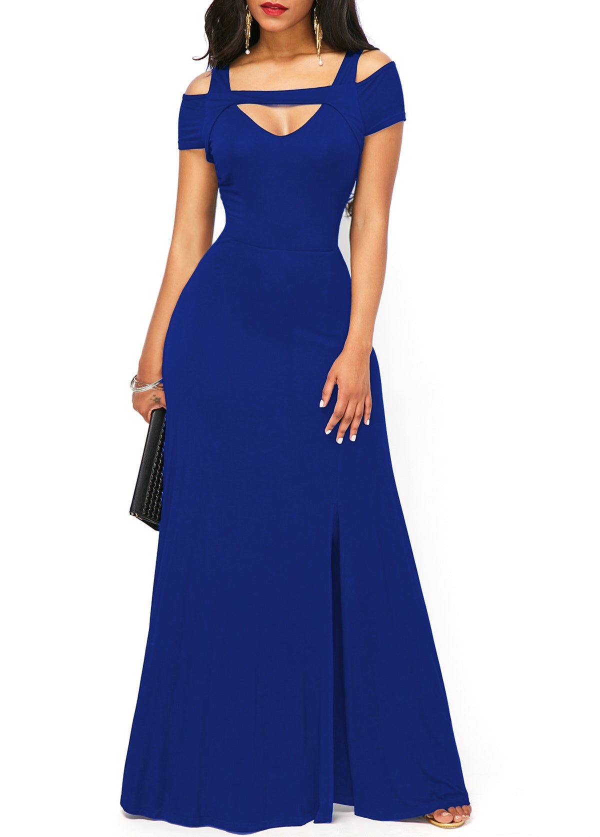 V-neck, off-the-shoulder slit, form-fitting dress