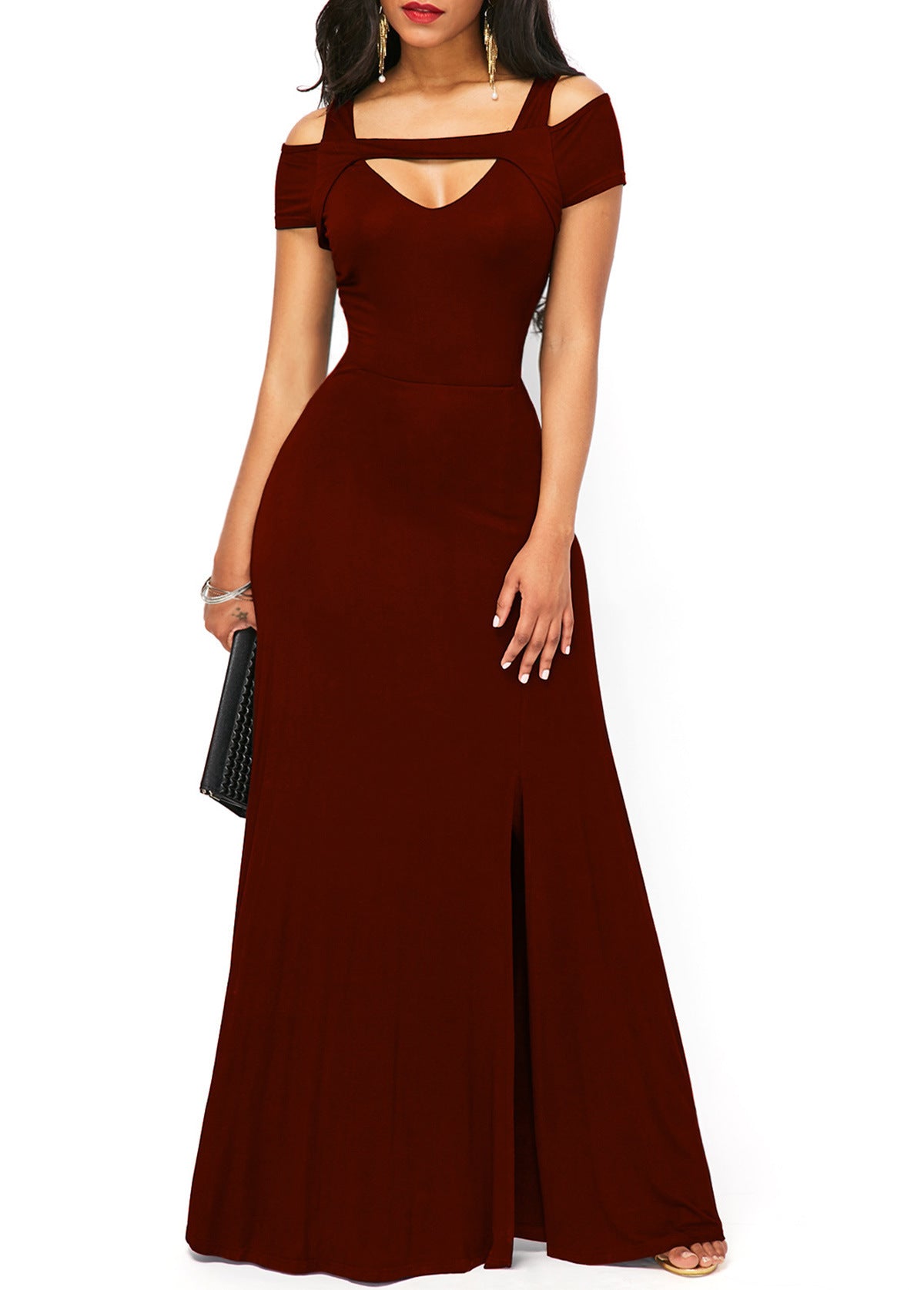 V-neck, off-the-shoulder slit, form-fitting dress