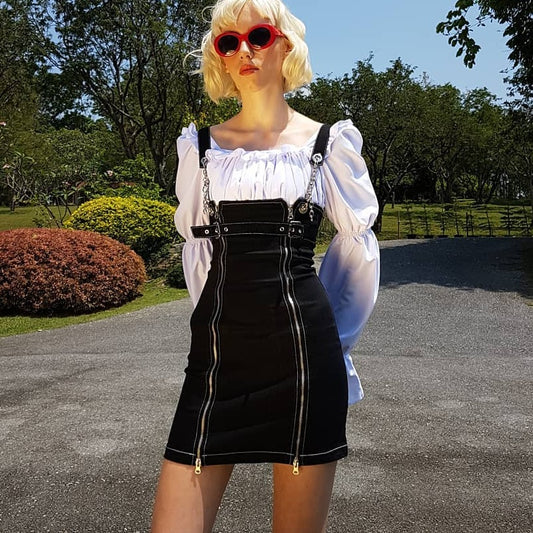 Dark girl wind zipper irregular denim skirt skirt