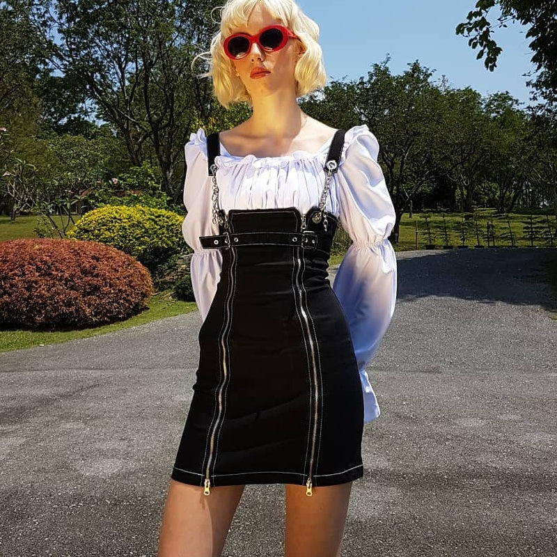 Dark girl wind zipper irregular denim skirt skirt