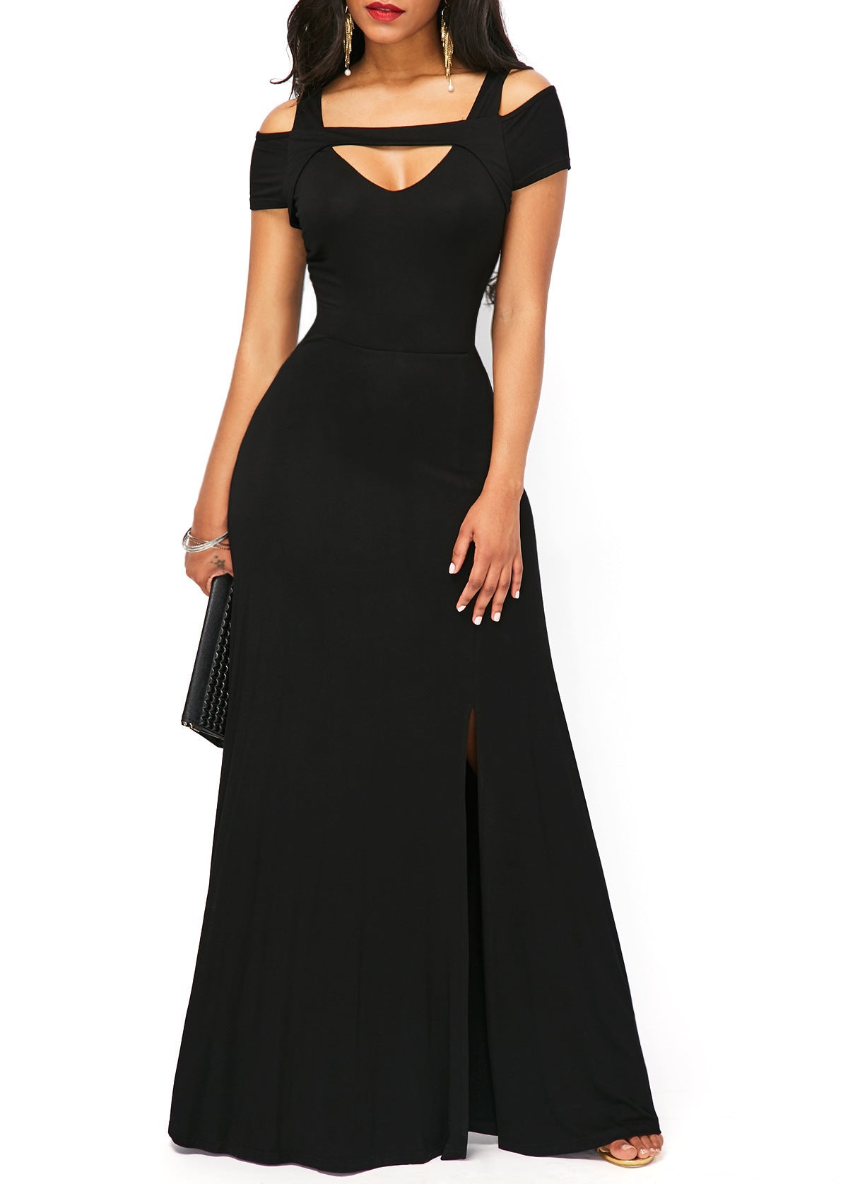 V-neck, off-the-shoulder slit, form-fitting dress
