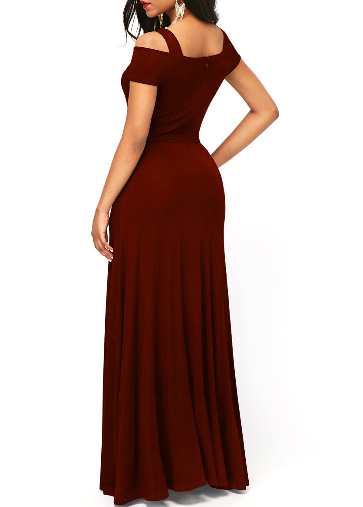 V-neck, off-the-shoulder slit, form-fitting dress
