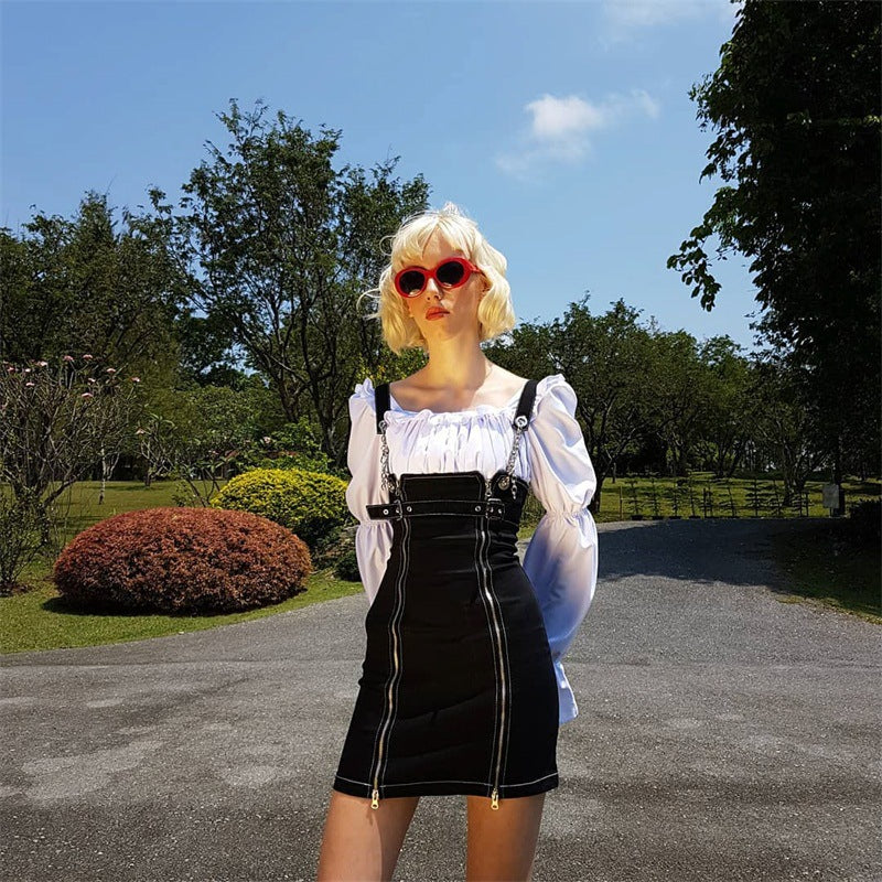 Dark girl wind zipper irregular denim skirt skirt