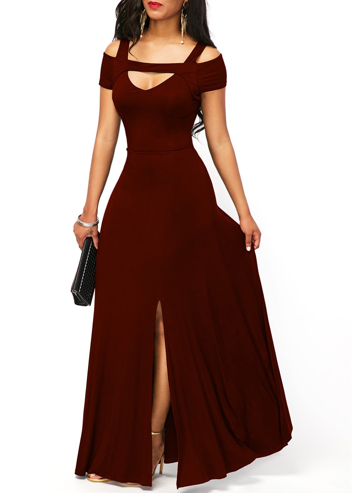 V-neck, off-the-shoulder slit, form-fitting dress