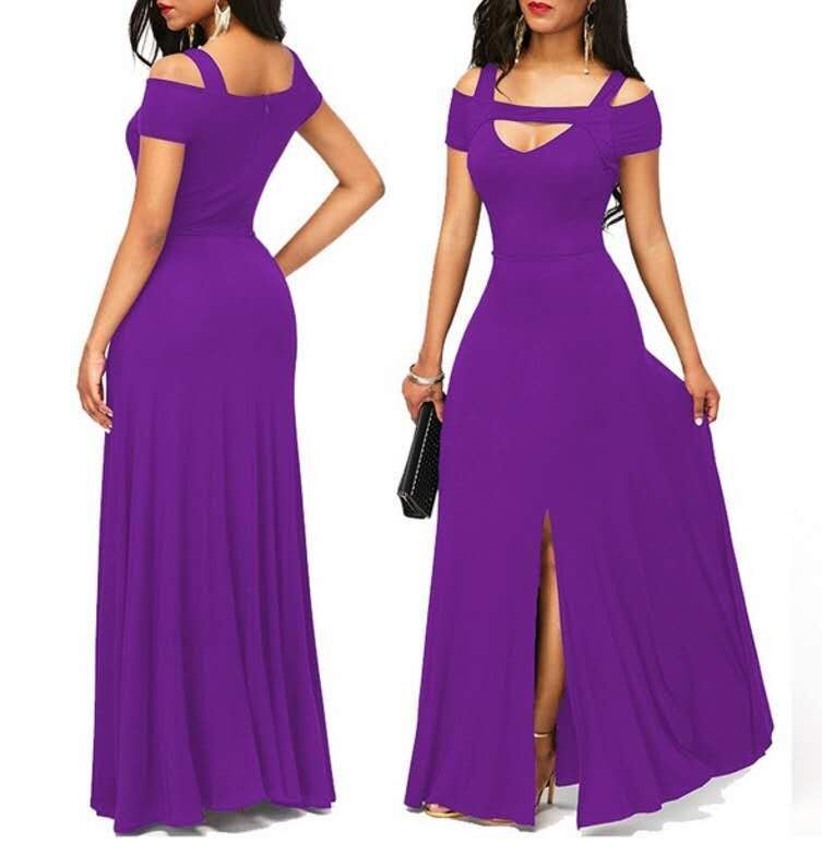 V-neck, off-the-shoulder slit, form-fitting dress