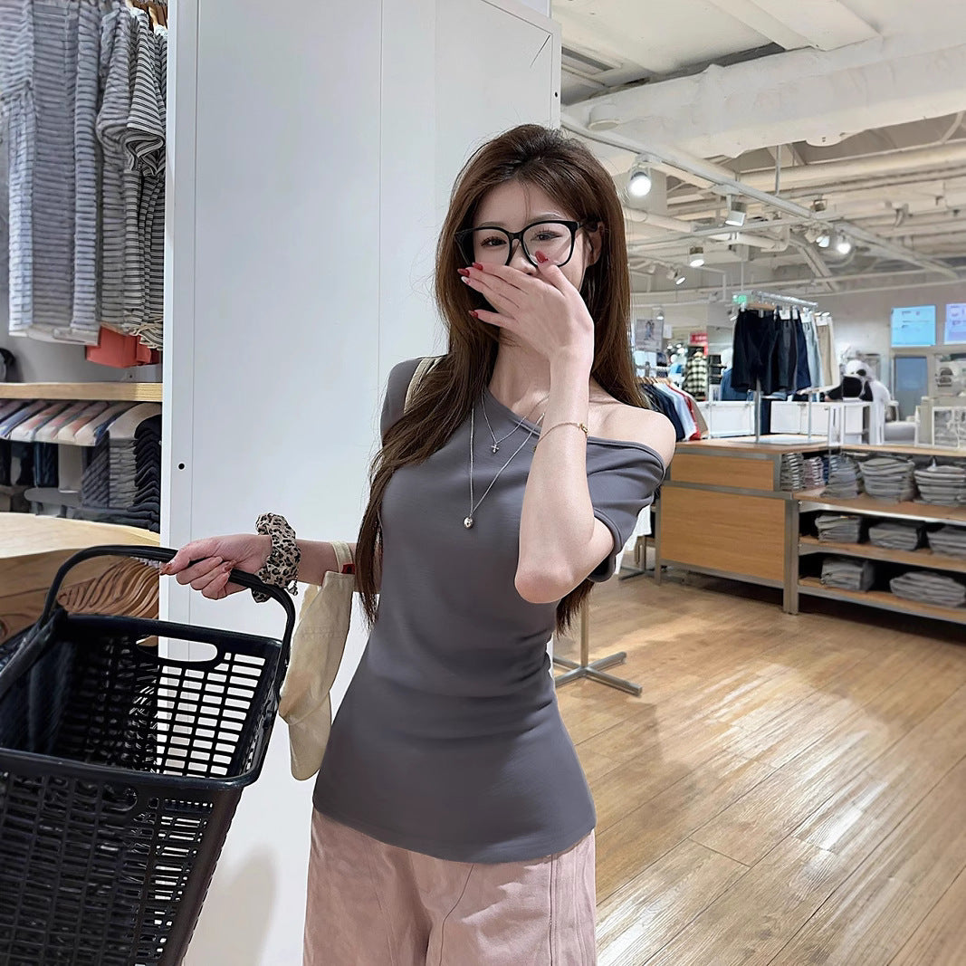 Women's Short-sleeved T-shirt Off-the-shoulder Fitted Waist Top