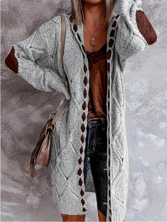 Women's Cozy Rhombus Lattice Cardigan - Long Sleeve Hooded Knit Sweater Coat With Soft Polyester