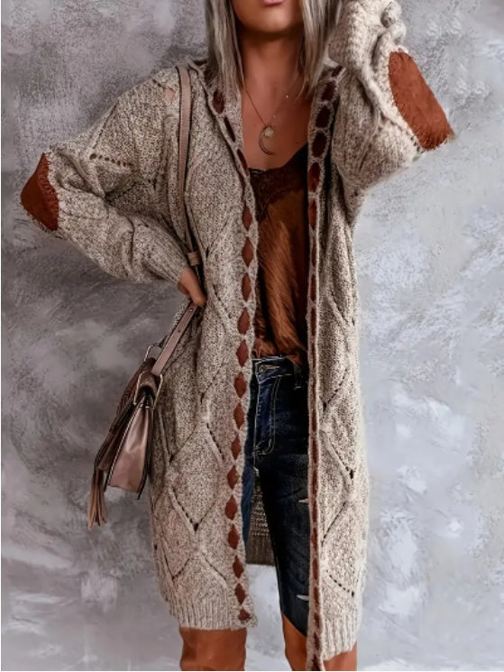 Women's Cozy Rhombus Lattice Cardigan - Long Sleeve Hooded Knit Sweater Coat With Soft Polyester