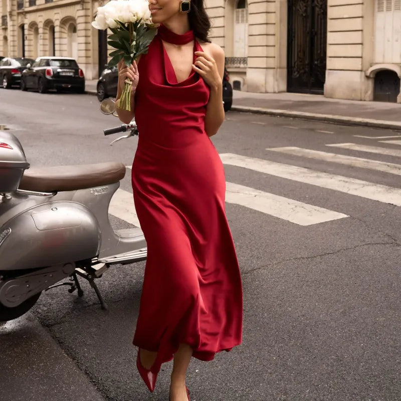 Satin Sexy V-neck Pearl Backless Halter Dress