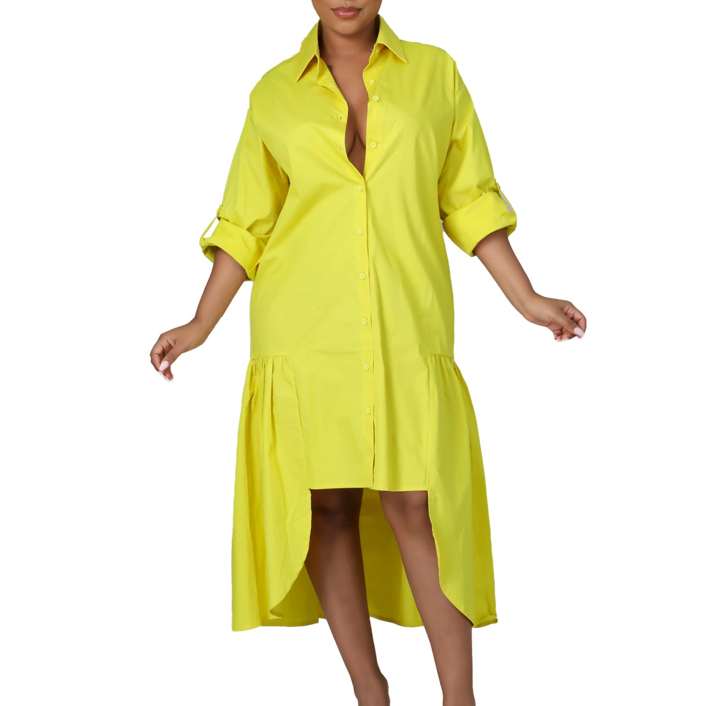 Loose-fitting Long Sleeves Irregular Midi Dress Solid Color