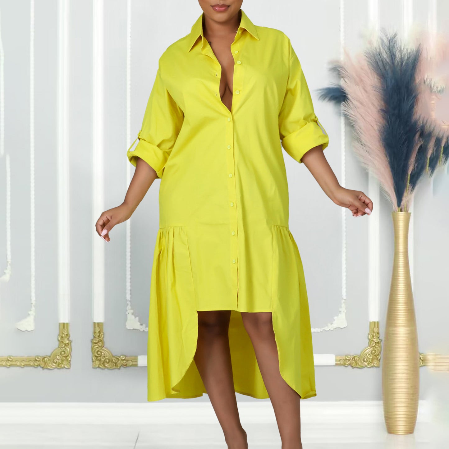 Loose-fitting Long Sleeves Irregular Midi Dress Solid Color