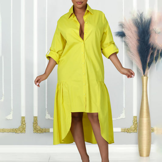 Loose-fitting Long Sleeves Irregular Midi Dress Solid Color