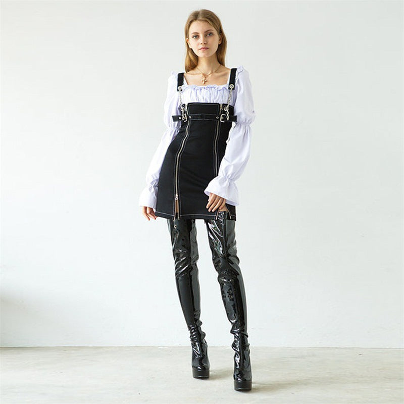 Dark girl wind zipper irregular denim skirt skirt