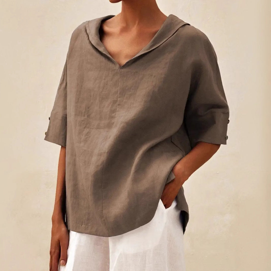 Cotton And Linen Relaxed-fit Hoodie Top T-shirt