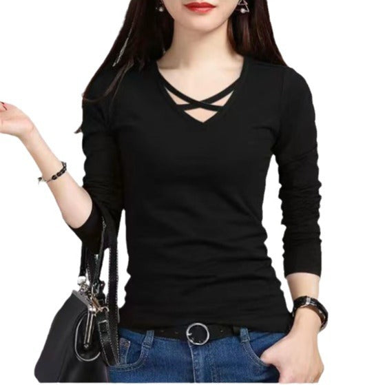 Spring And Autumn Long Sleeve Slim Fit Plus Size V-neck Cross Bottoming Shirt Top For Women