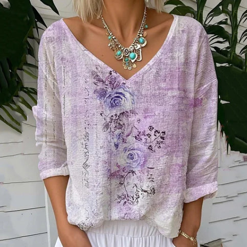 Women's Vintage Floral Print V-Neck Loose Linen Blend Tee