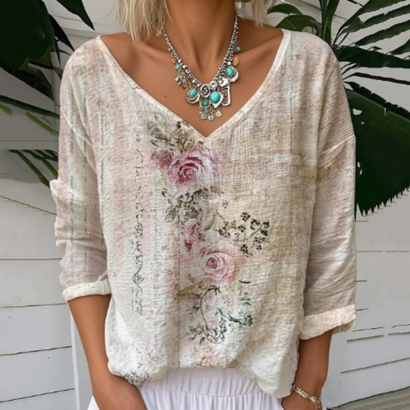 Women's Vintage Floral Print V-Neck Loose Linen Blend Tee