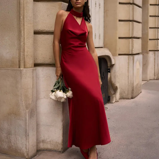 Satin Sexy V-neck Pearl Backless Halter Dress