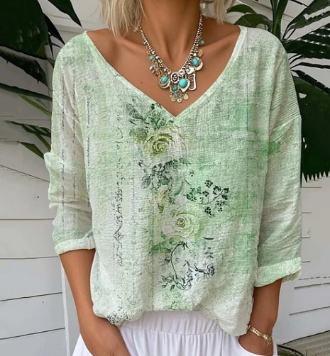 Women's Vintage Floral Print V-Neck Loose Linen Blend Tee