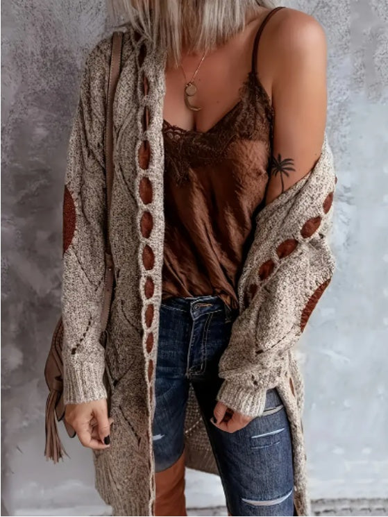 Women's Cozy Rhombus Lattice Cardigan - Long Sleeve Hooded Knit Sweater Coat With Soft Polyester